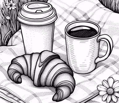 Skisserad frukost med kaffe, take-away-mugg och croissant på rutig duk