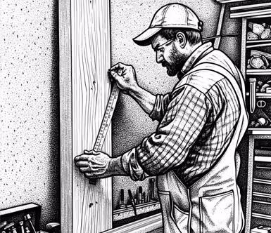 Byggnadsarbetare med hjälm mäter trävägg med måttband