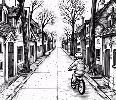 Barn som cyklar ensam längs en träd kantad gata med gamla hus