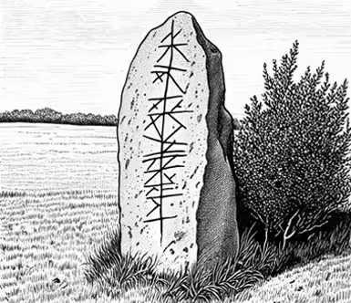 Runsten vid fält med träd och horisont, nordisk landskapsskildring