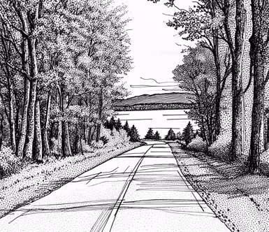 Svartvit skiss av en rak väg genom skogen med träd längs sidorna