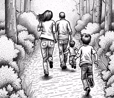 Familj promenerar tillsammans på en stig i skogen omgiven av träd