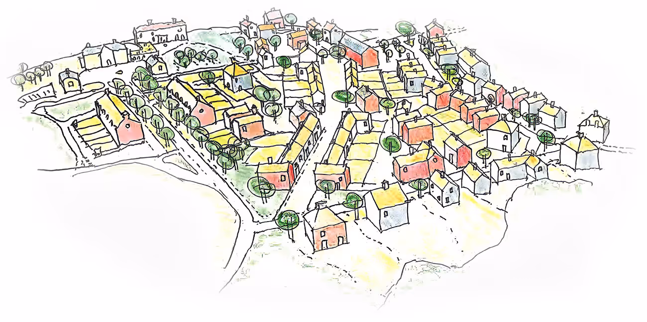 Färgglatt illustrerad stadskarta med hus, träd och krokiga gator