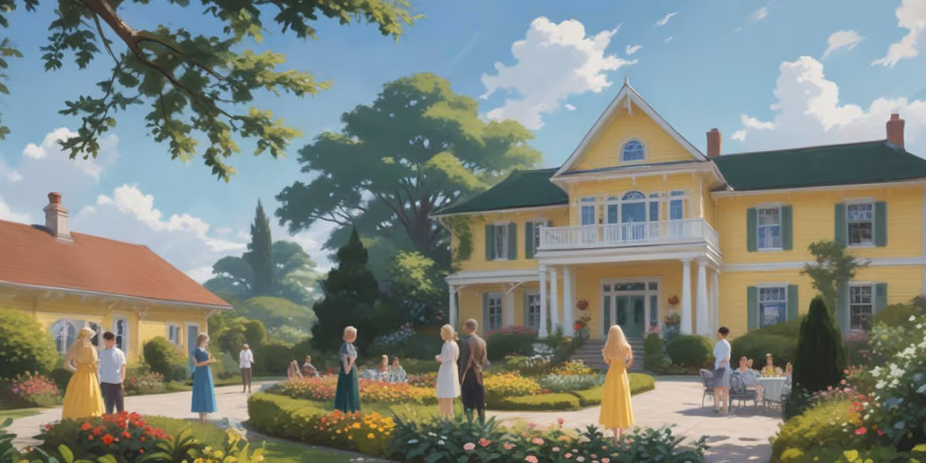 Solig trädgård med gult hus, blommor och människor som umgås