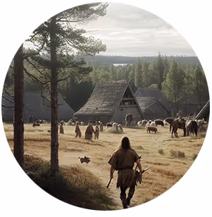 Medeltida scen med träkåta, kor och en ensam figur i förgrunden