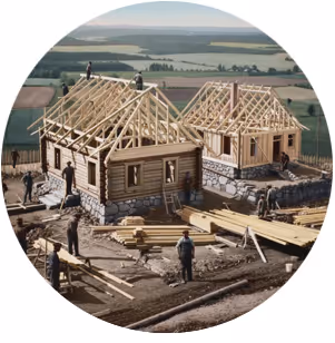 Trähus under konstruktion med synliga takbjälkar och byggnadsarbetare