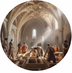 Medeltida hantverkare arbetar i ett välvt, ljust stenrum med valv