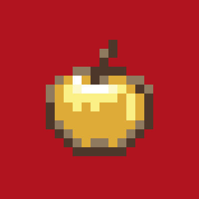 Pixel art style golden apple on a red background.