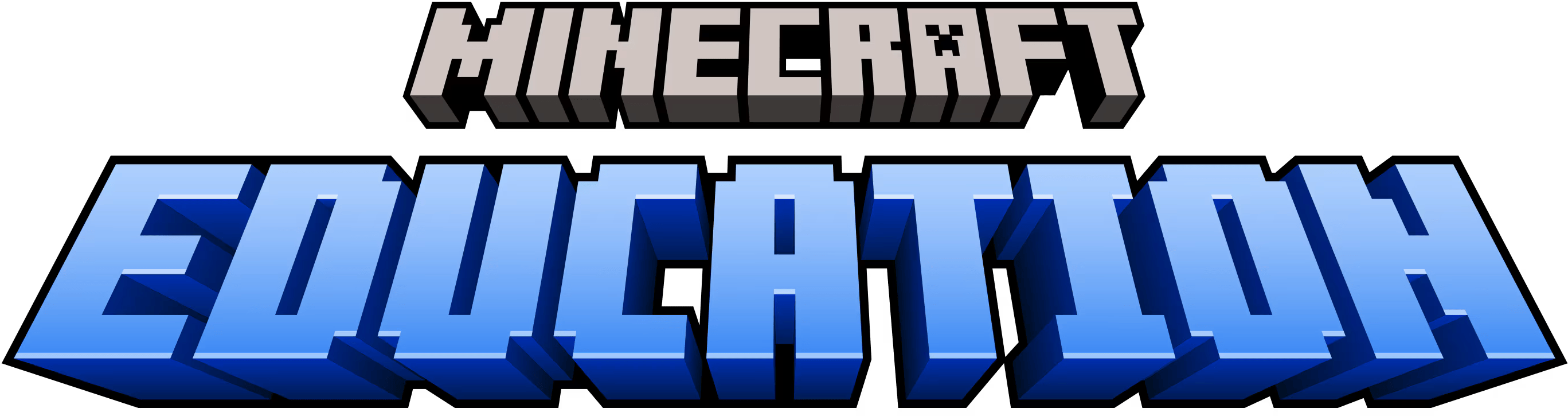 Minecraft Education logo with 'MINECRAFT' in gray block letters and 'EDUCATION' in large blue block letters on black background.