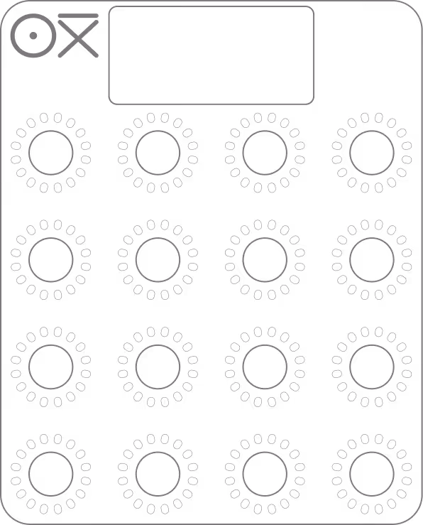 Black synthesizer panel with 16 rotary knobs arranged in a 4 by 4 grid and a rectangular display screen above them.