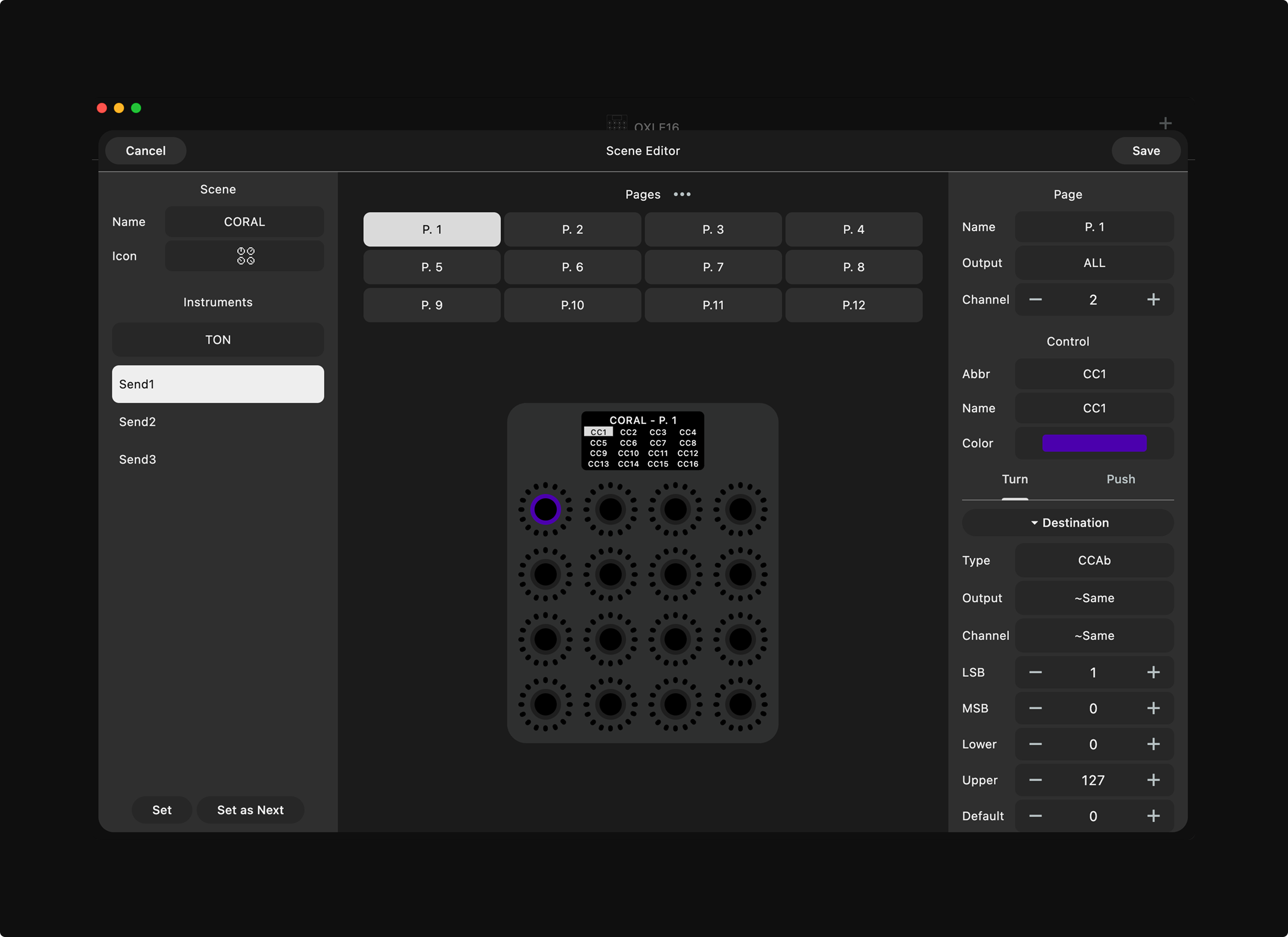 Interfaz de editor de escena con controles para nombre, iconos, instrumentos, páginas y configuración de control CC para un dispositivo llamado CORAL.