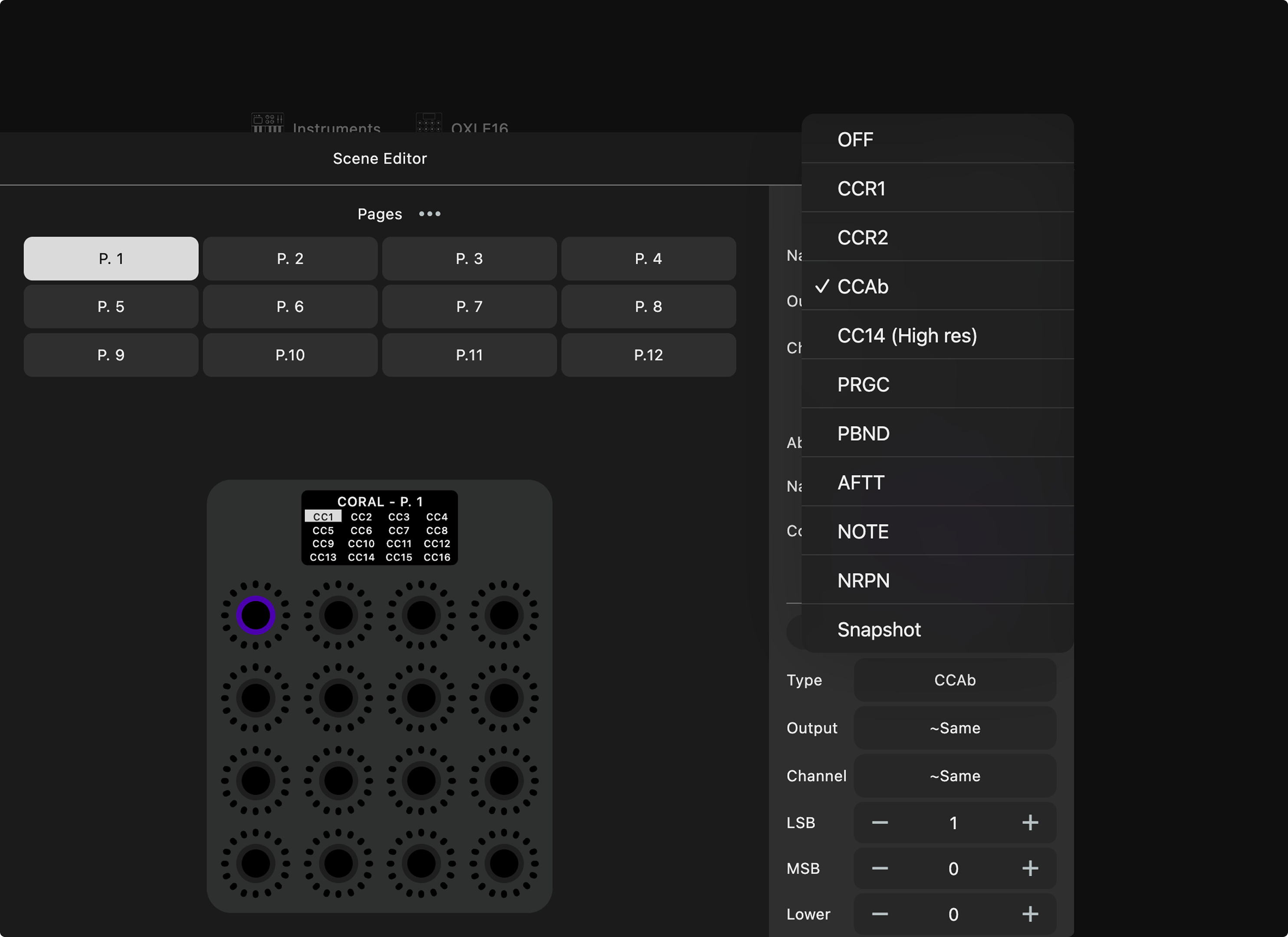 Interfaz de edición de escena con selección de página y un panel de configuración MIDI mostrando parámetros como tipo, salida, canal, LSB, y MSB con un dial activado.