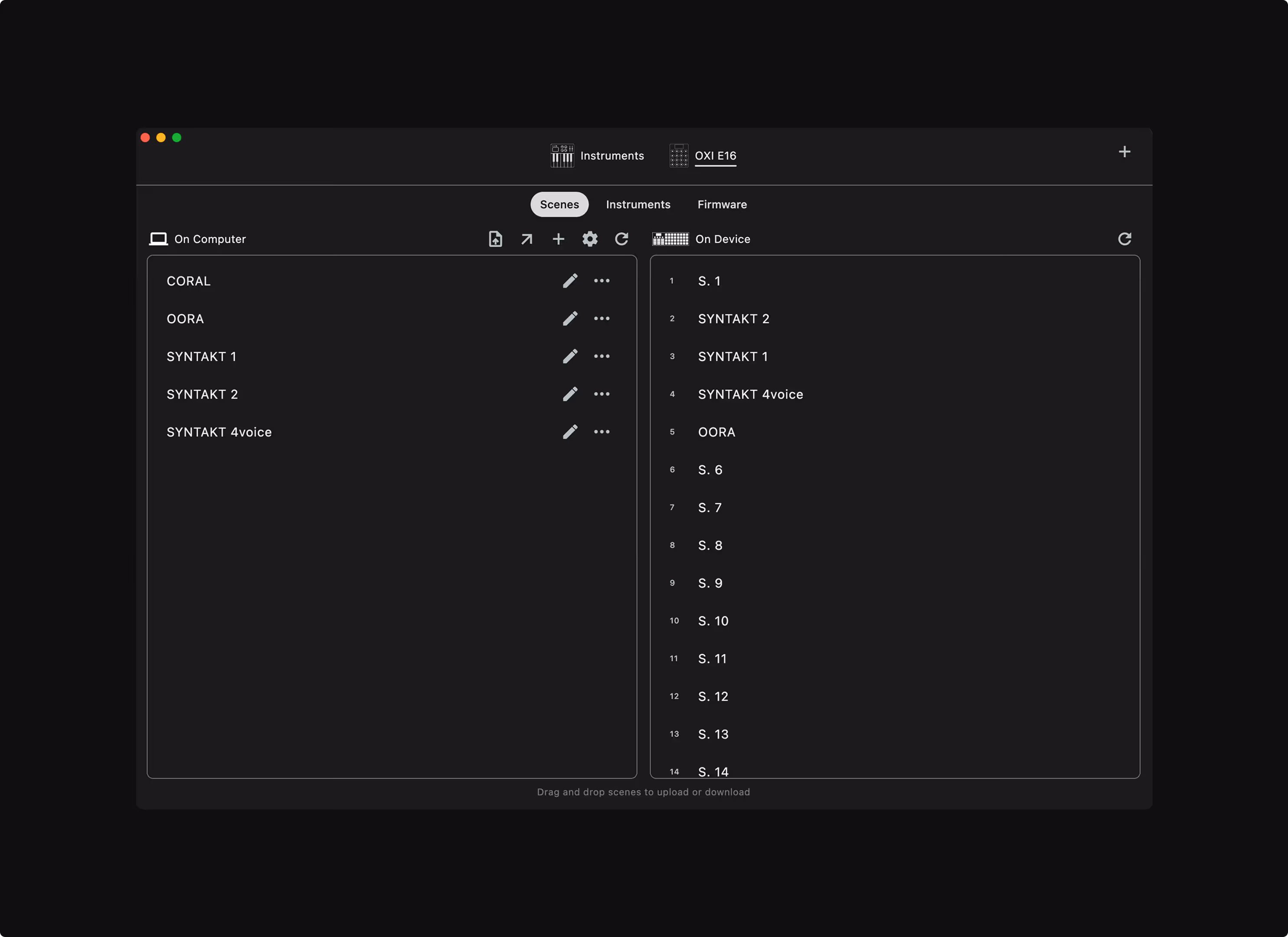 Software interface showing scenes management for OXI E16 device with lists of scenes available on computer and on device.