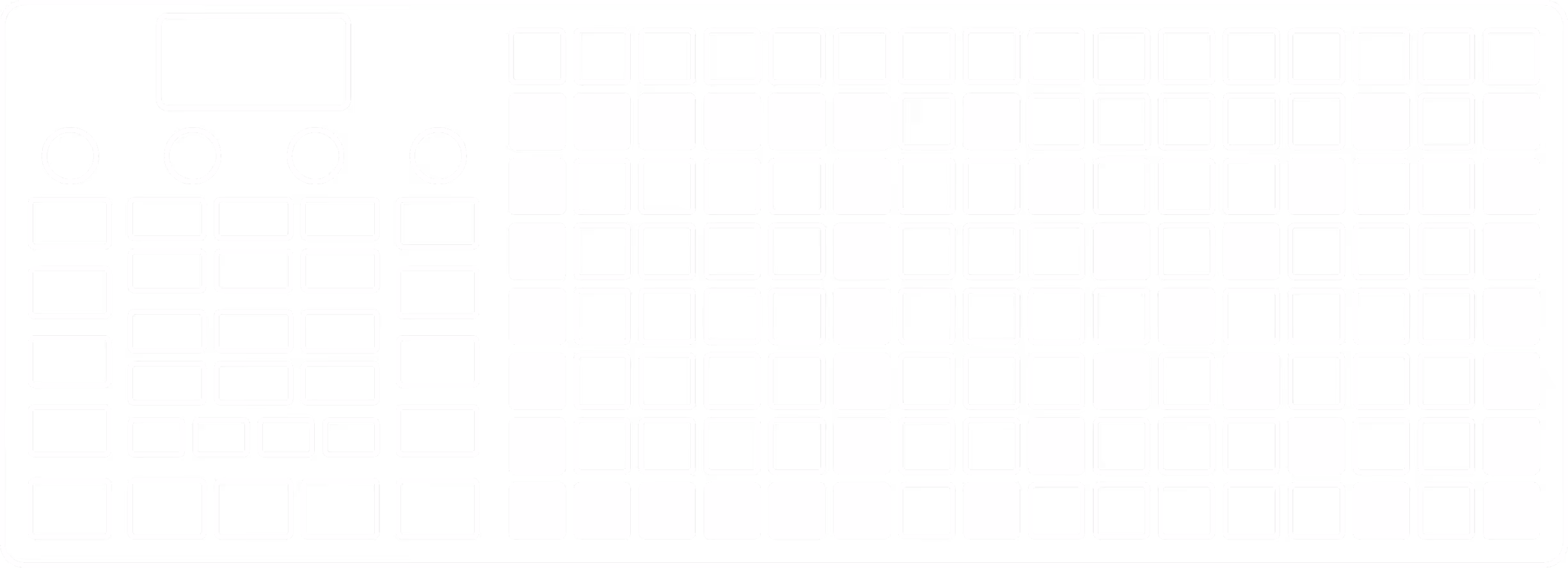 Esquema en blanco y negro de un teclado dividido en dos, con teclas y botones delineados.