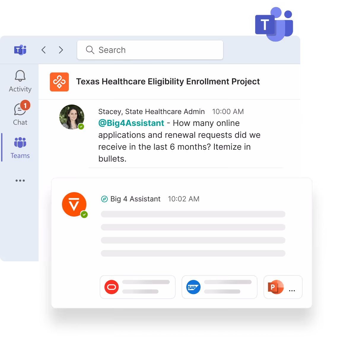 A Microsoft Teams window where a user asks for online applications and renewal requests received in the past 6 months itemized as bullet, and below a response from Legion showcases multiple resources