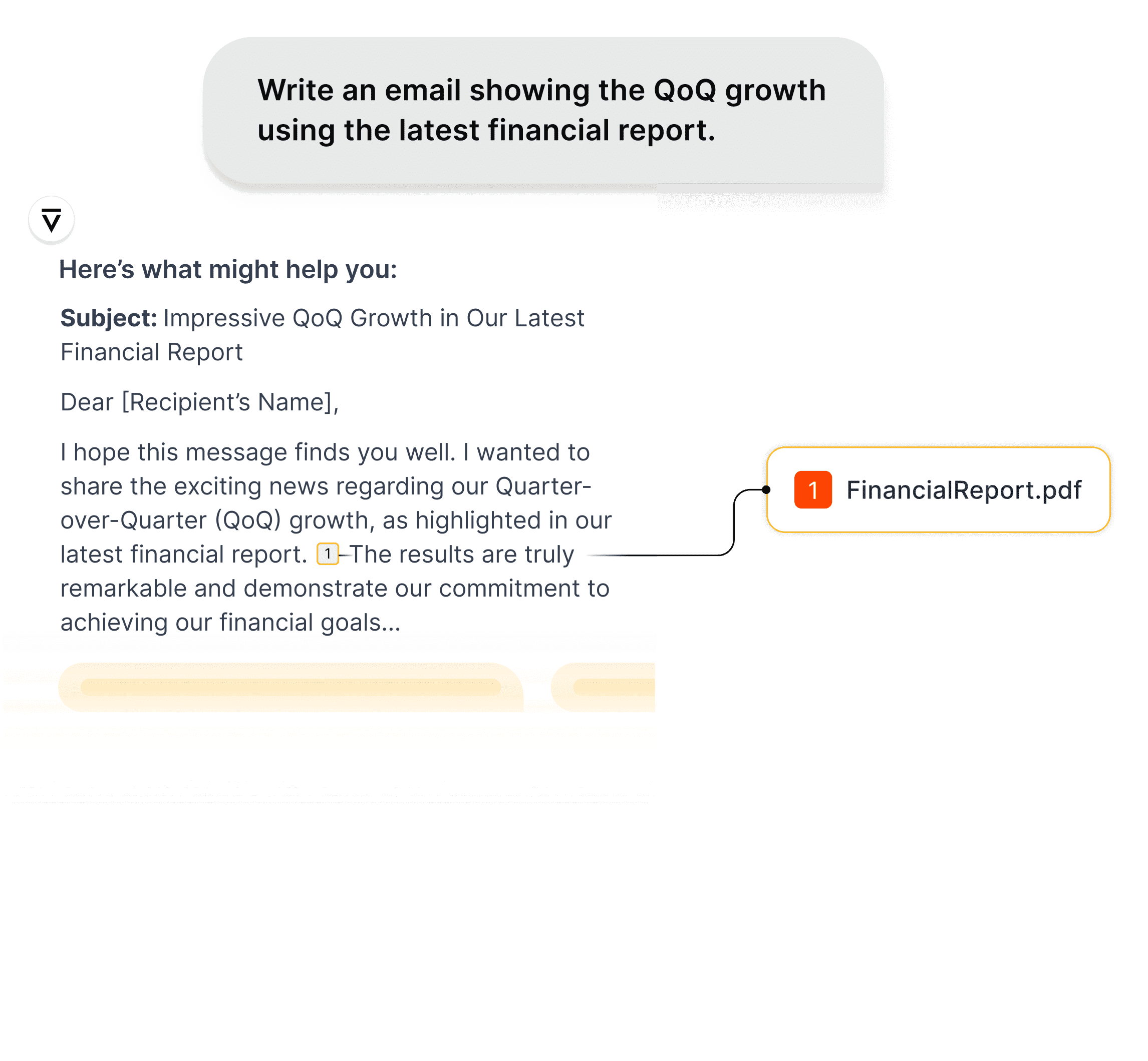 A user asking Legion to write an email about quarter-over-quarter growth, where Legion responds with a draft referencing a specific report file.