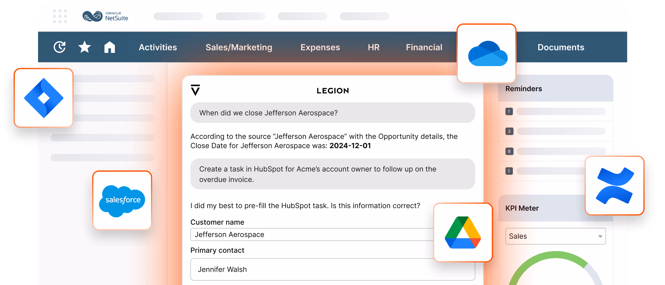A NetSuite interface with a Legion chat area occupying the central column. Different integration icons are visible such as Jira, Salesforce, Microsoft, and Google Drive.