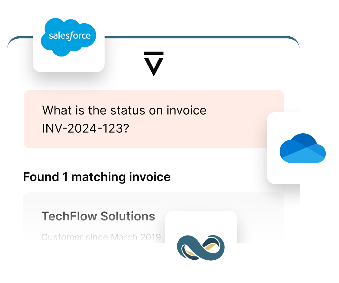 A Legion chat preview showing a user asking about a particular invoice, which gets surfaced as a match.
