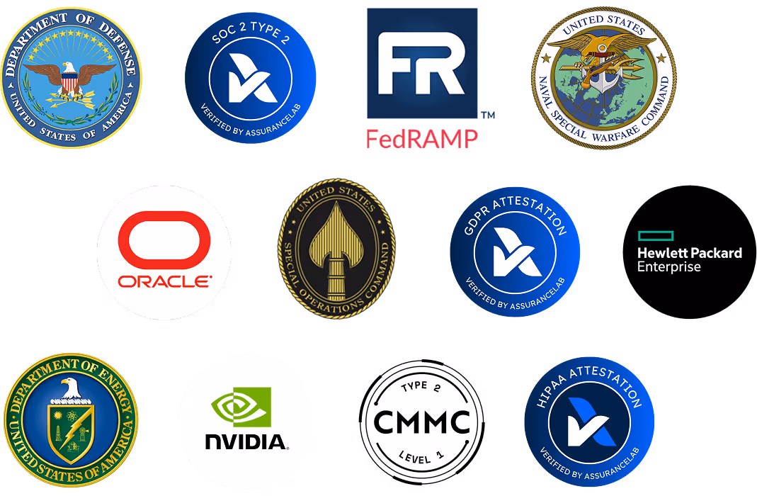 Several logos such as the Department of Defense. Oracle, Mvidia, and more.
