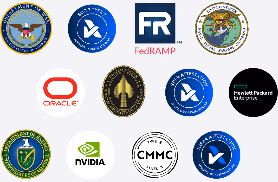 Several logos such as the Department of Defense. Oracle, Mvidia, and more.