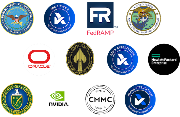 Security certifications and partner and customer logos: Department of War, U.S. Special Operations Command, U.S. Naval Special Warfare Command, Department of Energy, Oracle, NVIDIA, Hewlett Packard Enterprise, FedRAMP, SOC 2 Type 2, CMMC Type 2 Level 1, GDPR attestation, and HIPAA attestation.