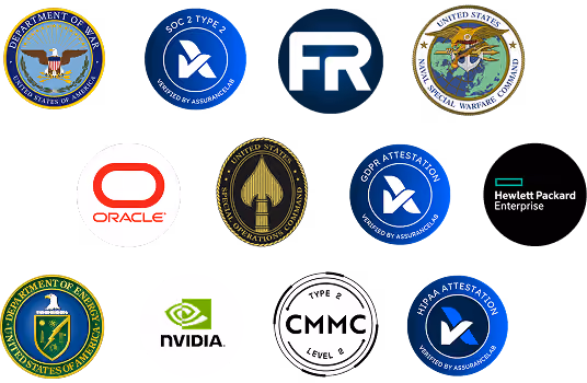 Security certifications and partner and customer logos: Department of War, U.S. Special Operations Command, U.S. Naval Special Warfare Command, Department of Energy, Oracle, NVIDIA, Hewlett Packard Enterprise, FedRAMP, SOC 2 Type 2, CMMC Type 2 Level 2, GDPR attestation, and HIPAA attestation.