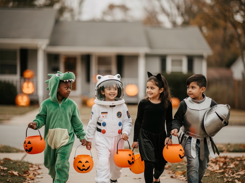Kids in Halloween costumes trick-or-treating with pumpkin buckets