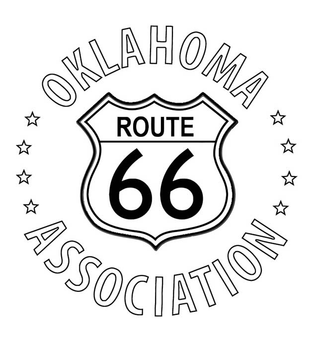 Black and white emblem for the Oklahoma Route 66 Association with the Route 66 highway shield in the center, stars on each side, and text curved above and below.