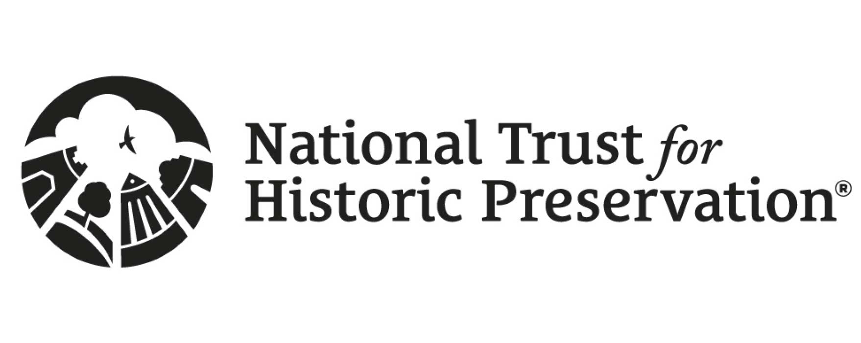 National Trust for Historic Preservation logo with stylized landscape featuring a tree, bird, and buildings inside a circular shape.