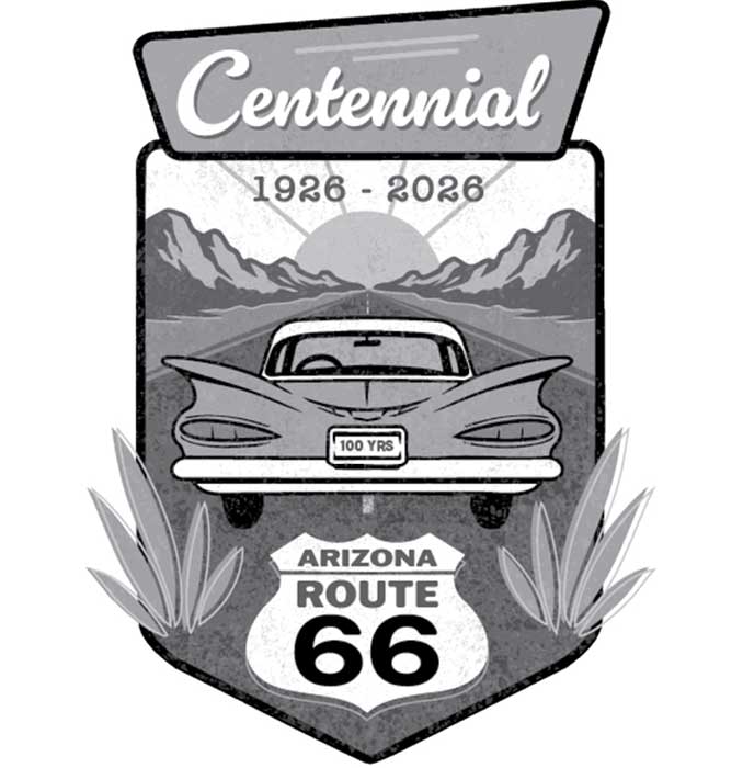 Vintage car driving on a road with mountains and sunset, celebrating Arizona Route 66 Centennial 1926-2026.