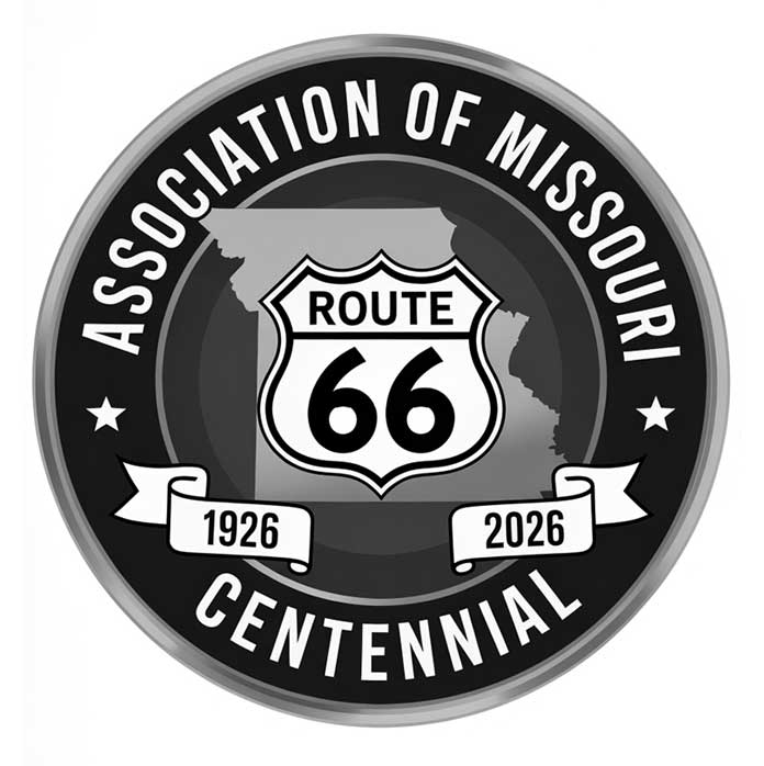 Association of Missouri Route 66 Centennial emblem featuring the state outline, a Route 66 highway sign, and the years 1926 and 2026 on a ribbon.