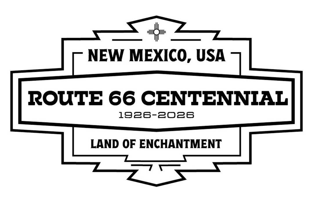 Black and white emblem for Route 66 Centennial in New Mexico, USA, displaying years 1926-2026 and the phrase Land of Enchantment.