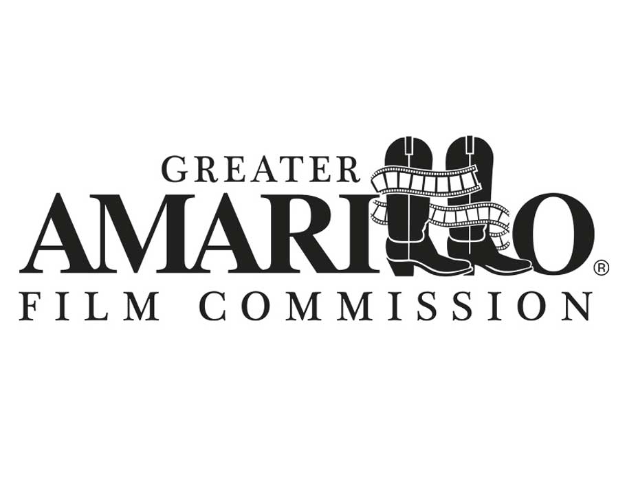 Greater Amarillo Film Commission logo featuring black text with two cowboy boots wrapped in film strips.
