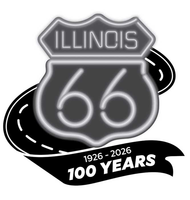 Illinois Route 66 shield with a winding road behind it and a banner reading 1926 - 2026 100 Years.