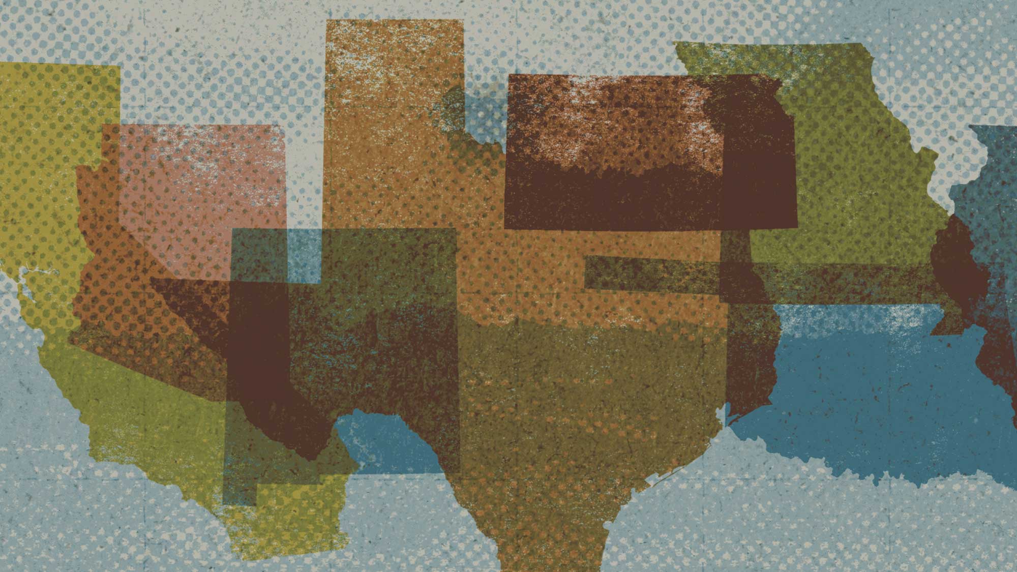 Abstract textured map highlighting several overlapping U.S. states, including California, Arizona, New Mexico, Texas, Oklahoma, Missouri, in varied earthy colors.