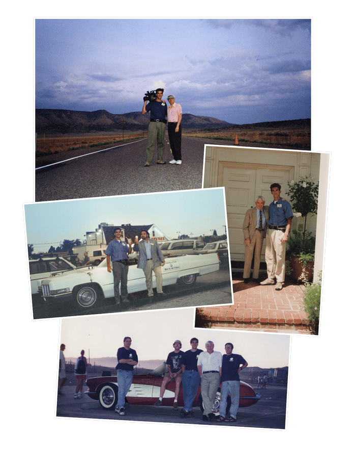Collage of four photos showing groups of people standing outdoors near cars and buildings, with one person holding a video camera on a road with hills in the background.