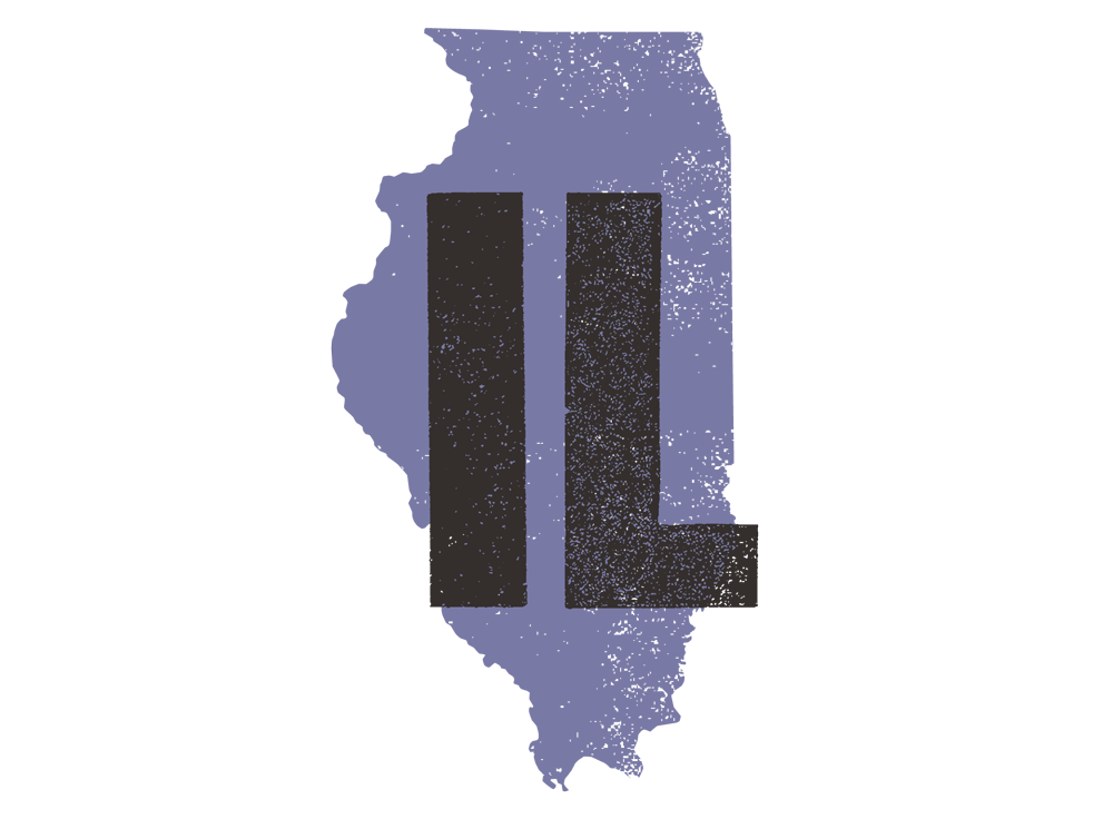 Silhouette of Illinois state in purple with large black letters 'IL' centered on it.