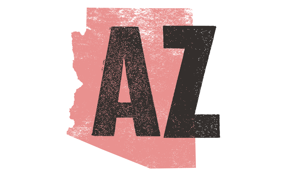 Silhouette of Arizona state in pink with large black letters 'AZ' centered on it.