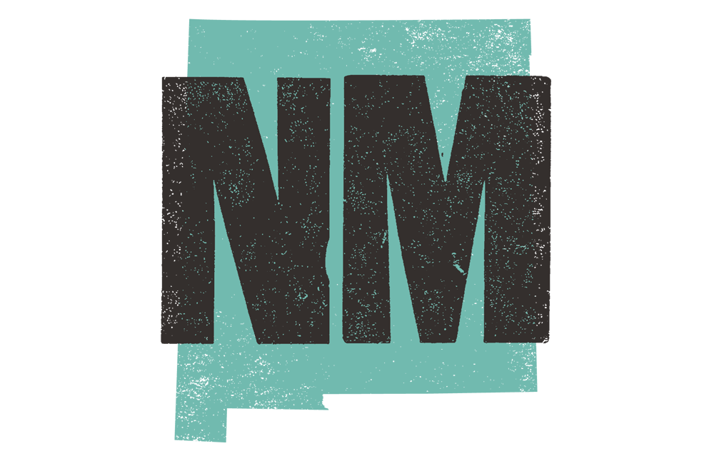 Silhouette of New Mexico state in green with large black letters 'NM' centered on it.