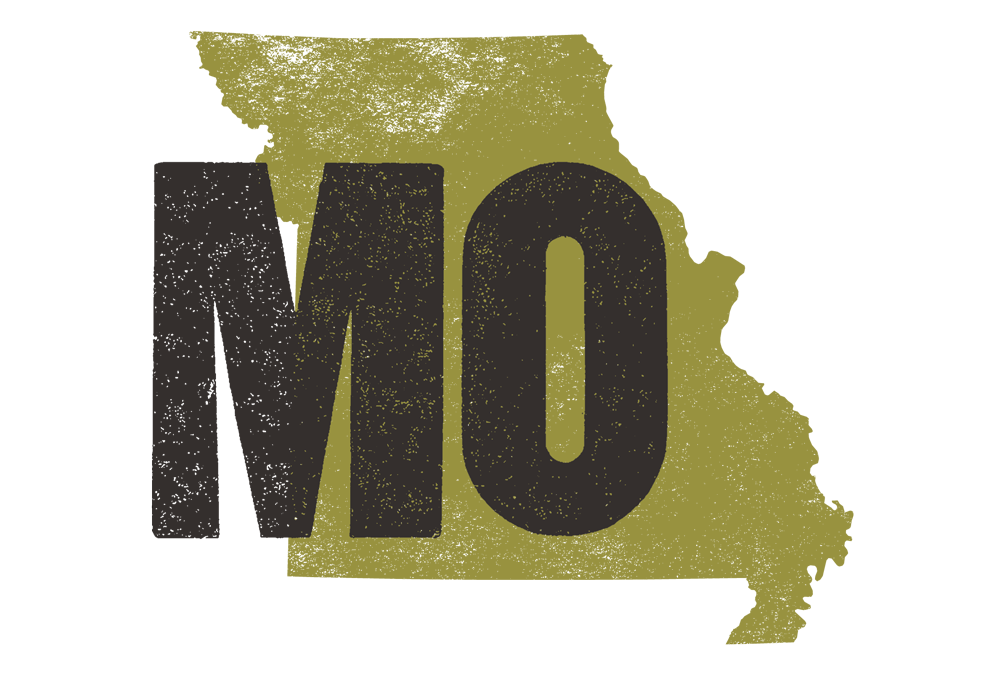 Silhouette of Missouri state in gold with large black letters 'MO' centered on it.
