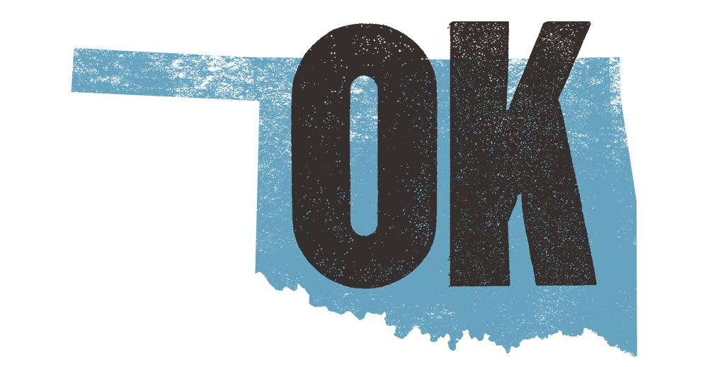 Silhouette of Oklahoma state in blue with large black letters 'OK' centered on it.