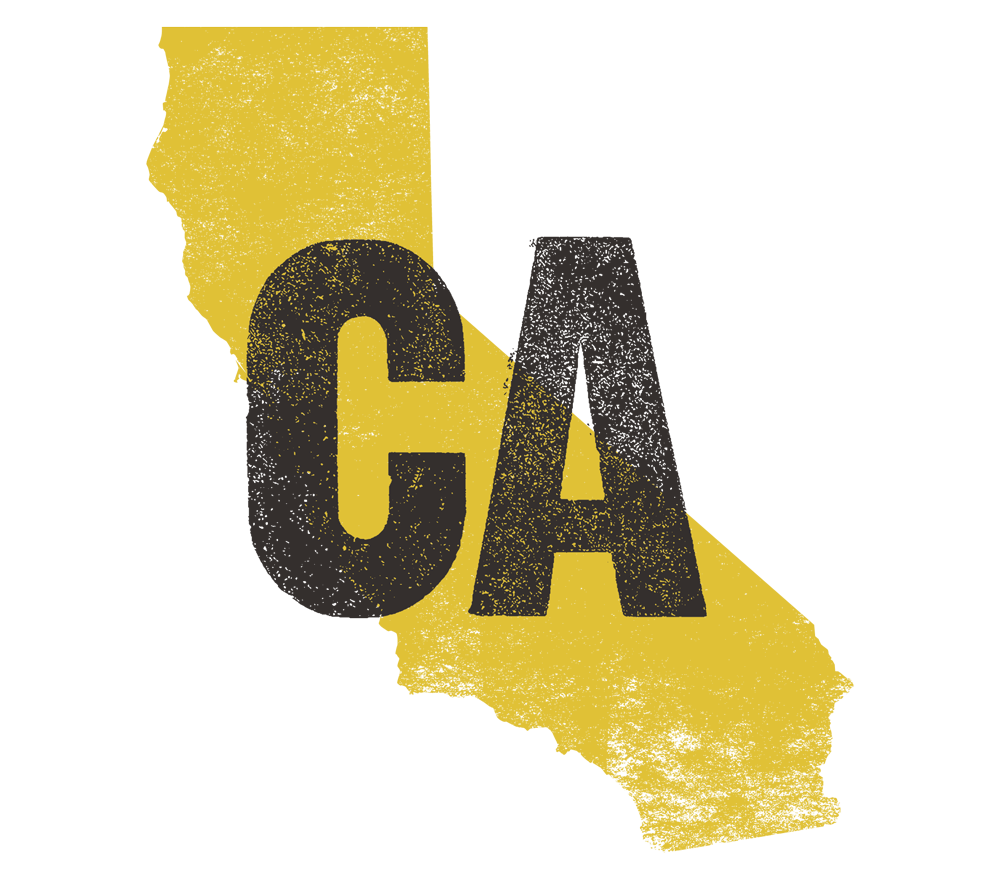 Silhouette of California state in yellow with large black letters 'CA' centered on it.