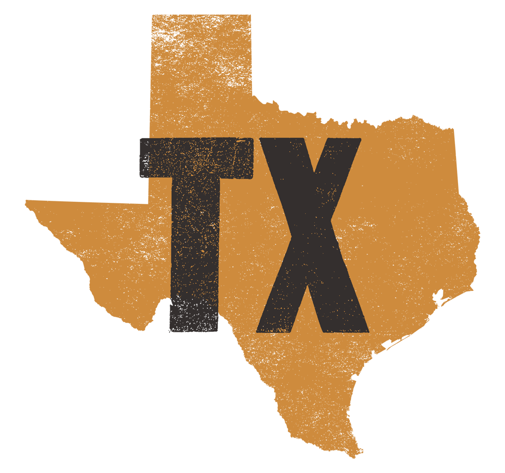 Silhouette of Texas state in burnt orange with large black letters 'TX' centered on it.