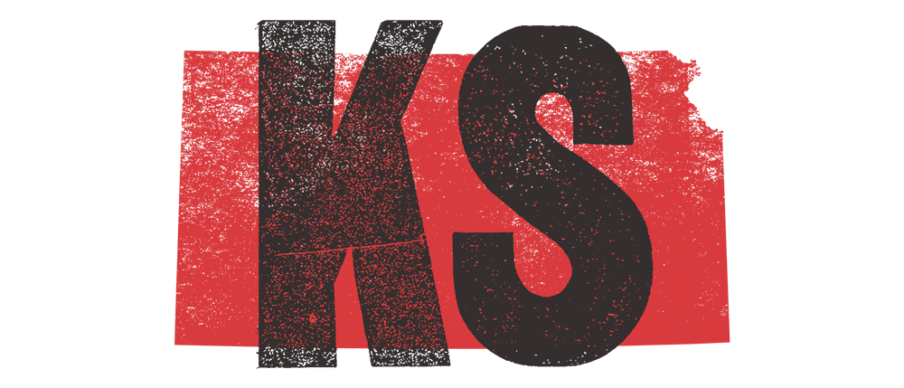 Silhouette of Kansas state in red with large black letters 'KS' centered on it.