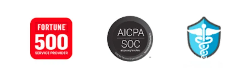 Row of three logos representing Slingr's affiliation with the Fortune 500, AICPA/SOC compliance, and HIPAA compliance