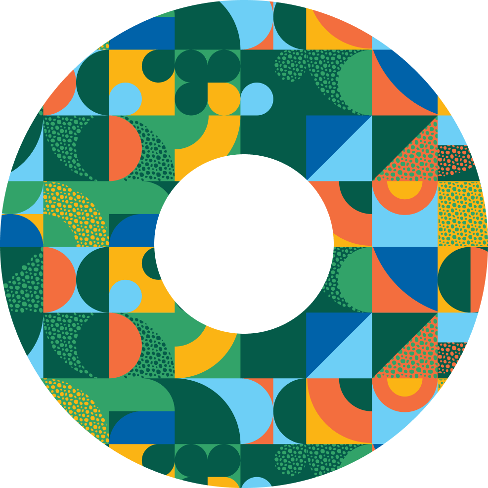 Colorful geometric donut shape composed of squares, circles, and semi-circles in green, blue, orange, and yellow tones.