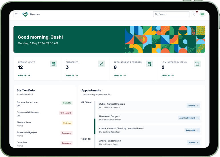 Tablet screen showing a veterinary clinic dashboard with staff status, appointments for checkups, surgeries, vaccinations, and inventory levels.