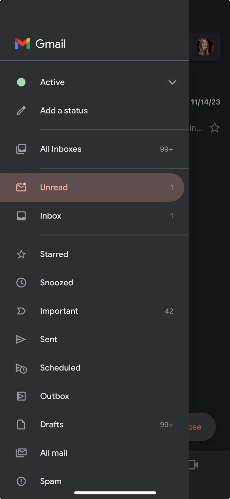 A screenshot showing the Gmail menu with unread email notification in mobile device