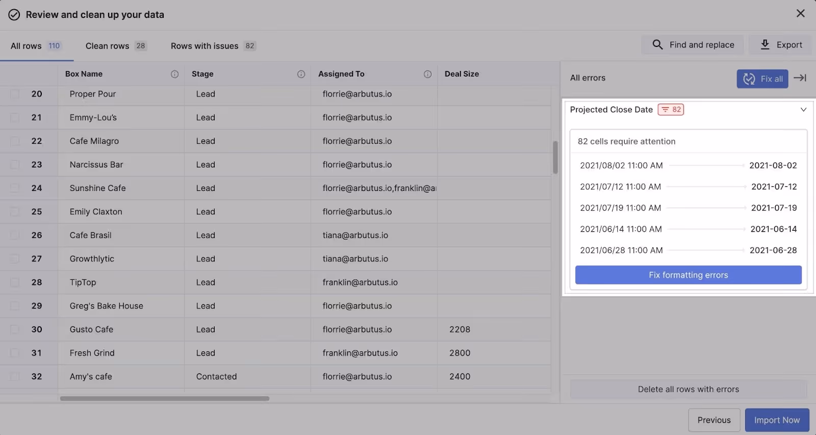 Formatting errors surfaced in the spreadsheet and suggestions to fix them with one click.
