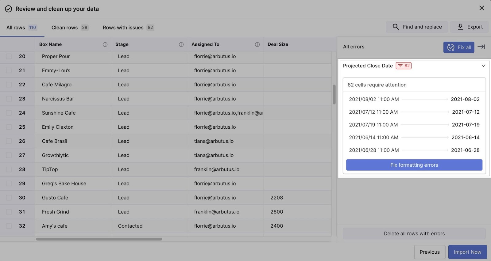 Formatting errors surfaced in the spreadsheet and suggestions to fix them with one click.
